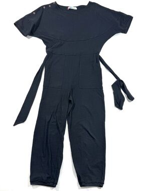 Free People Beach Jumpsuit Black Button Neck Details Belted